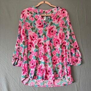 Dear Scarlett Womens Floral Blouse Size L Office Professional Career Work Causal